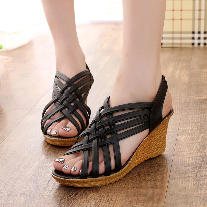 

Women Hollow Out Peep Toe Sandals Wedges 2021 Female Summer Elastic Band Platform Casual Shoes Ladies Fashion Comfort Shoes