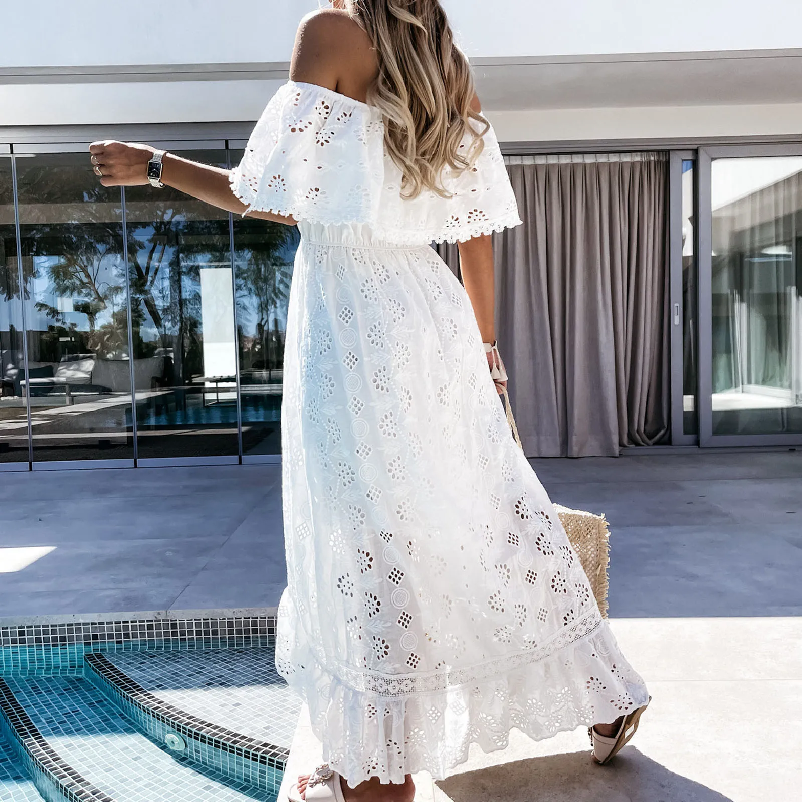 

Summer Dress Sleeves Womens Summer Strapless Ruffle Layered Maxi Dress Cover Up Boho Chiffon Maxi Spring Clothing
