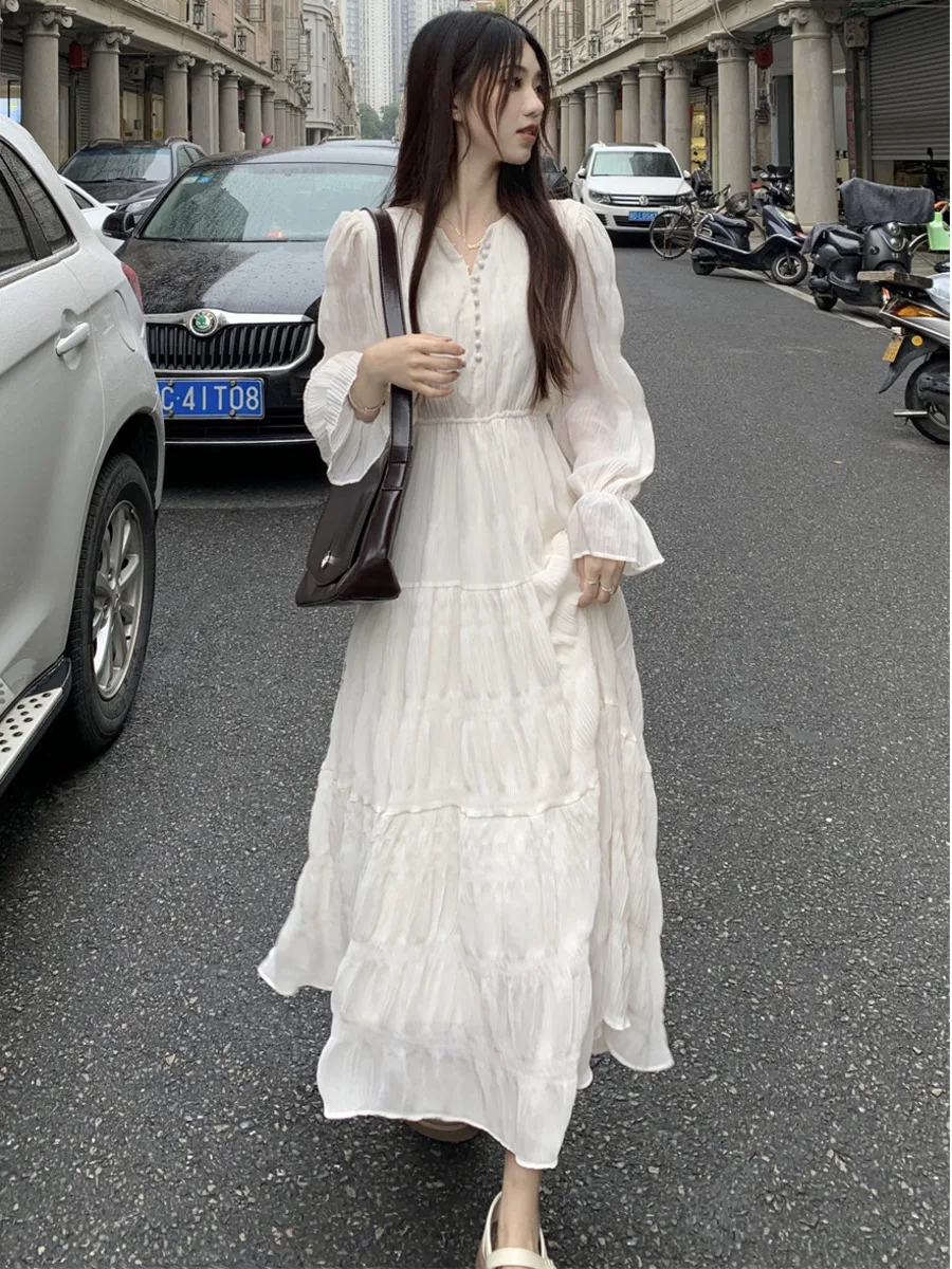 

Женская одежда 2023, женское платье с v-образным вырезом и длинным рукавом, элегантное весеннее белое платье миди, платье Rouge, туника, Vestido, коре...