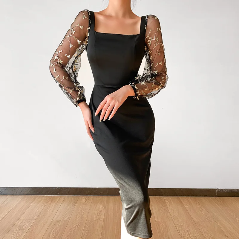 

Ladies Fashion Temperament Sexy Hollow Mesh Stretch Stitching Retro Slim Ladies Black Dress High-end Party Dress Female Dress