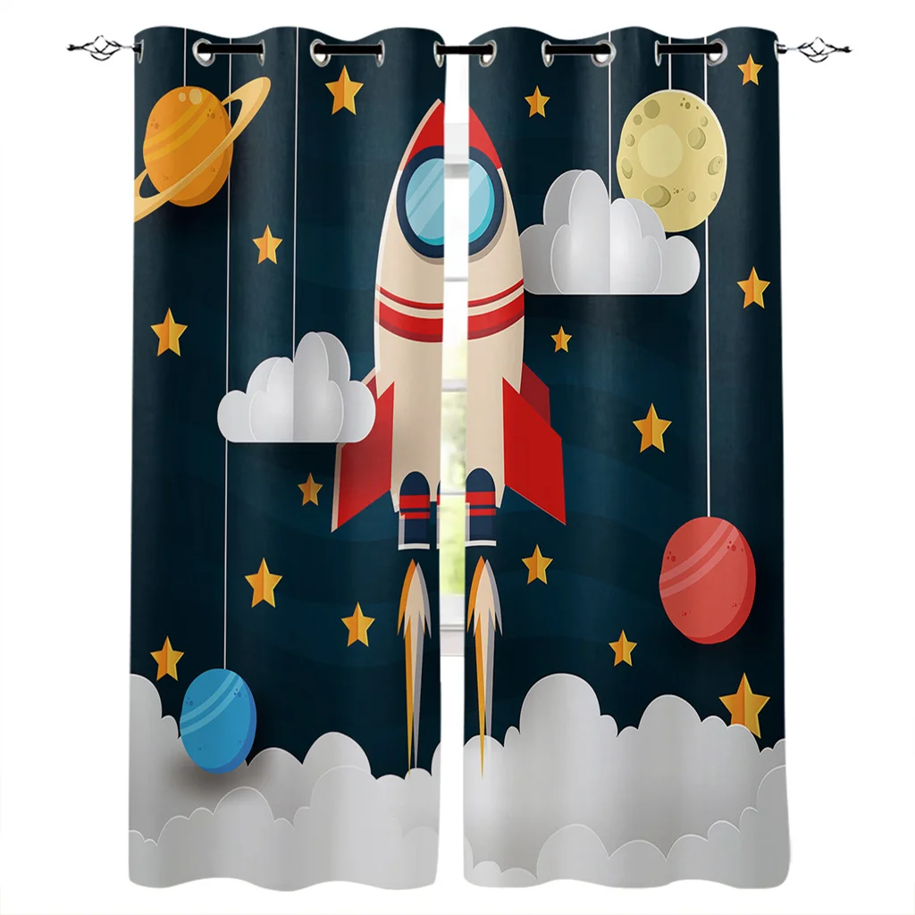 

Outer Space Cartoon Cute Spaceship Rocket Curtains for Children's Bedroom Living Room Kids Window Treatments Kitchen Drapes