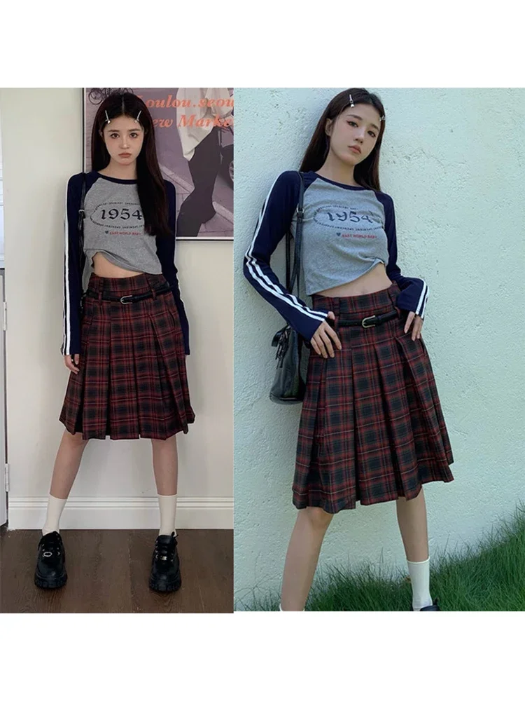 Женская красная клетчатая юбка в стиле Харадзюку винтажная плиссированная 1920-х