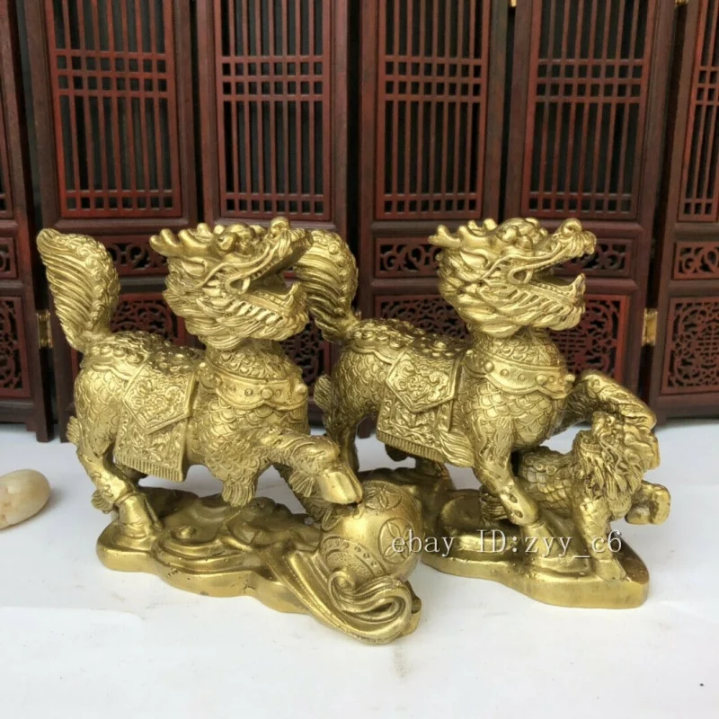 

5" Chinese Antique Pure Copper Gold Plated KIRIN Game Beads Statue