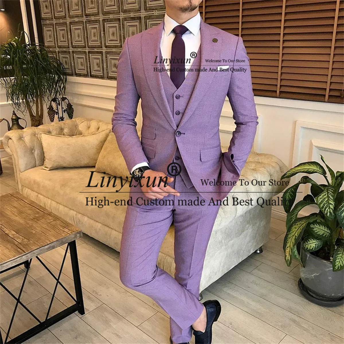 

Модные фиолетовые Свадебные костюмы для мужчин, облегающие смокинги с отложным воротником для жениха, комплекты из 3 предметов, блейзеры, мужской костюм