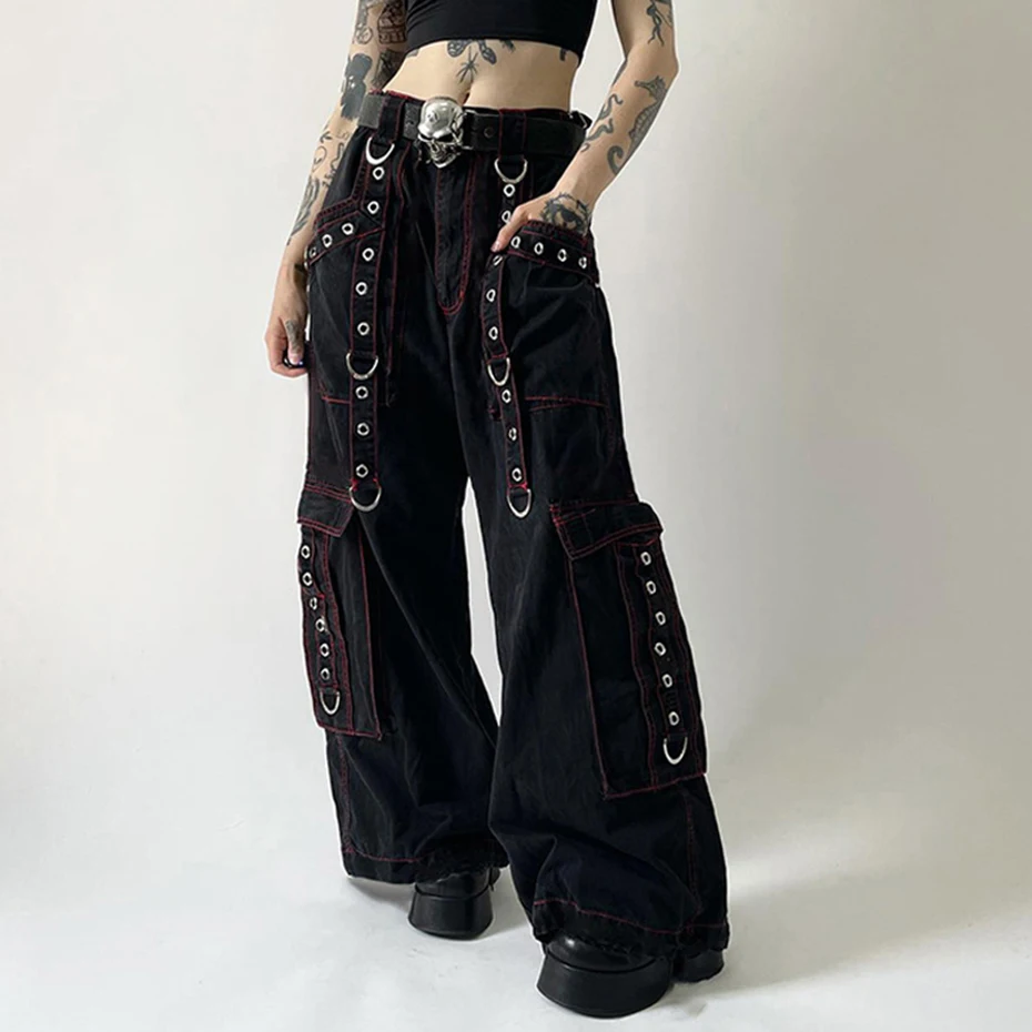 

Винтажные джинсовые брюки-карго в стиле Харадзюку, женские готические прямые брюки в стиле темной Академии с металлическими Люверсами, Y2k, джинсы в стиле киберпанк, эмо, Alt