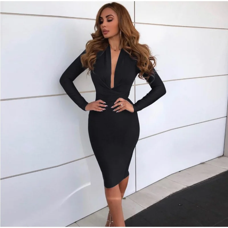 

European And American-StyleinsHot Sexy DeepVHeap Collar Long Sleeves Slim-Fit Sheath Pure Color Slimming Dress Skirt