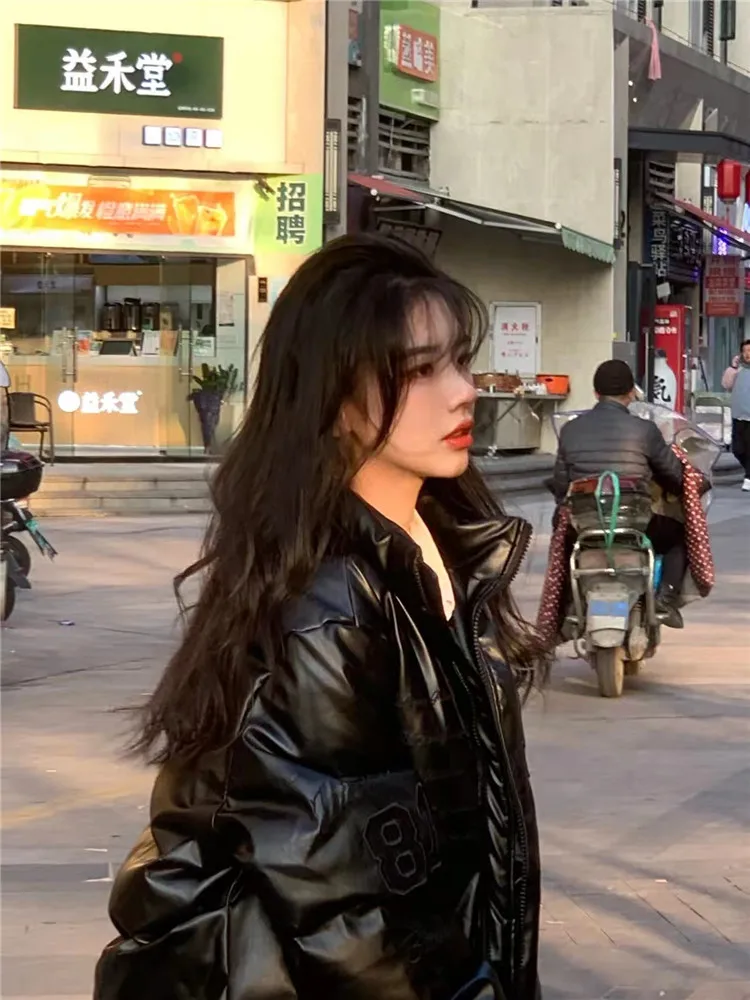 Black Cotton Padded Clothes Women's Winter 2022 New Bread Clothes Lady Down Jacket Elegant Zipper Clothes Thick PU Leather Coats