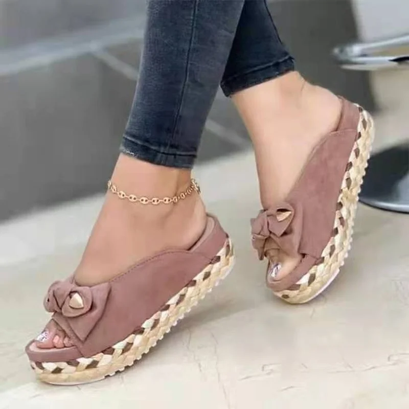 

Platform One Word Sandals and Slippers Women's 2022 New Fish Mouth Fashion Rattan Bottom Straw Woven Bow Comfortable Sandals