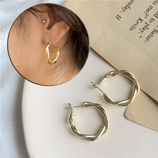 

1Pair Frosty Gold Silver Vintage Cross Weave Twist Ear Clip Hoop Earrings Metal Circle Earring Jewerly