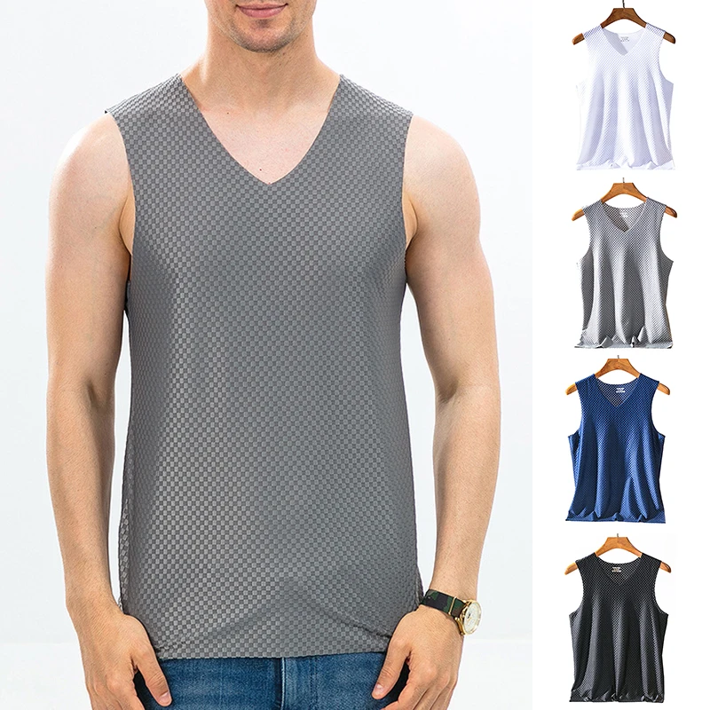 Mężczyźni lodowy jedwab podkoszulki koszulki letnia oddychająca koszulka podkoszulek męski Fitness Mesh szybkoschnący kamizelka bez rękawów kamizelka do biegania 3 Mężczyźni lodowy jedwab podkoszulki koszulki letnia oddychająca koszulka podkoszulek męski Fitness Mesh szybkoschnący kamizelka bez rękawów kamizelka do biegania 3