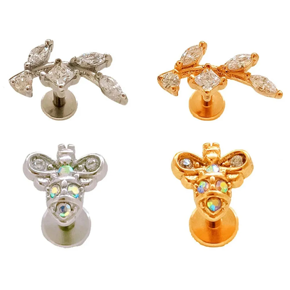 

1pc Flower Leaf Internal Thread Piercing CZ Labret Lip Stud Cartilaged Tragus Conch Earring Monroe Jewelry 316L Surgical Steel