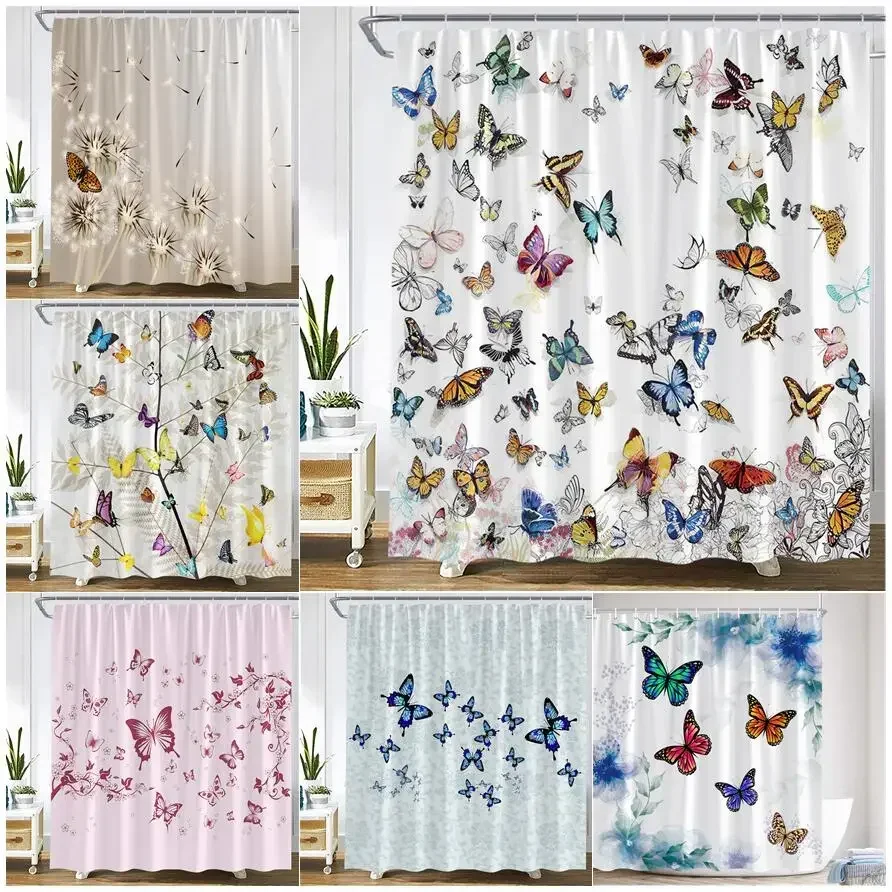 Занавески для душа с изображением бабочек одуванчиков акварельных растений