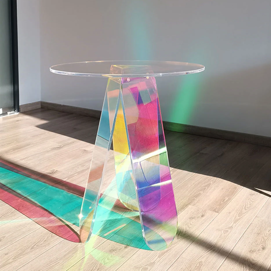 Iridescent Acrylic Side Table Display Designer Round Colorful Rainbow Clear Acrylic Iridescent Art Piece Coffee Table Home Decor