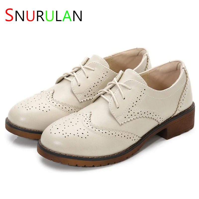 

2023 Soft leather Brown oxford shoes for women square heel round toe lace up casual brogue shoes office lady chaussure femme