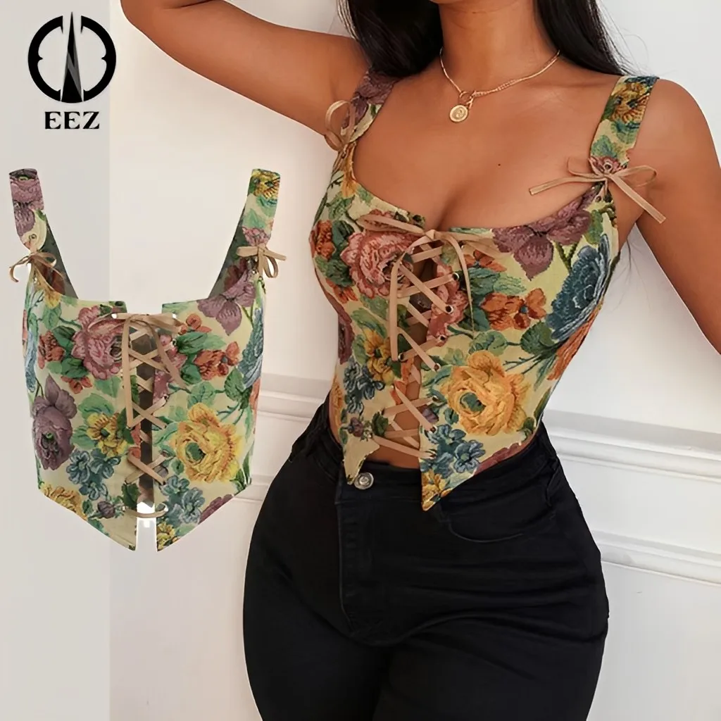 

Vintage Floral Embroidery Bandage Bustier Top Women Harajuku Bow Backless Corset Crop Top Coquette Aesthetic Y2K Summer Camisole