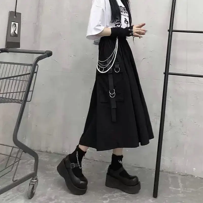 

High Waist Cargo Skirts Woman Harajuku 2022 Loose A-line Pocket Midi Long Black Skirt Hip Hop Fashion Streetwear OverSize
