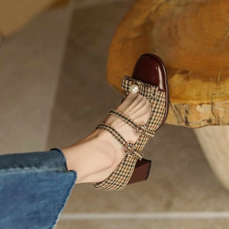 

2022 Spring/Autumn Women's Shoes Round Toe Chunky Heel Pumps Cotton Fabric Lattice High Heels Genuine Leather Retro Mary Janes