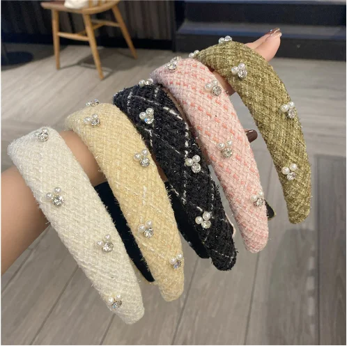 

Bright Line Striped Sponge Hair Hoop Girlish Temperament Pearl Rhinestone Bit Hoop hairbands 2022