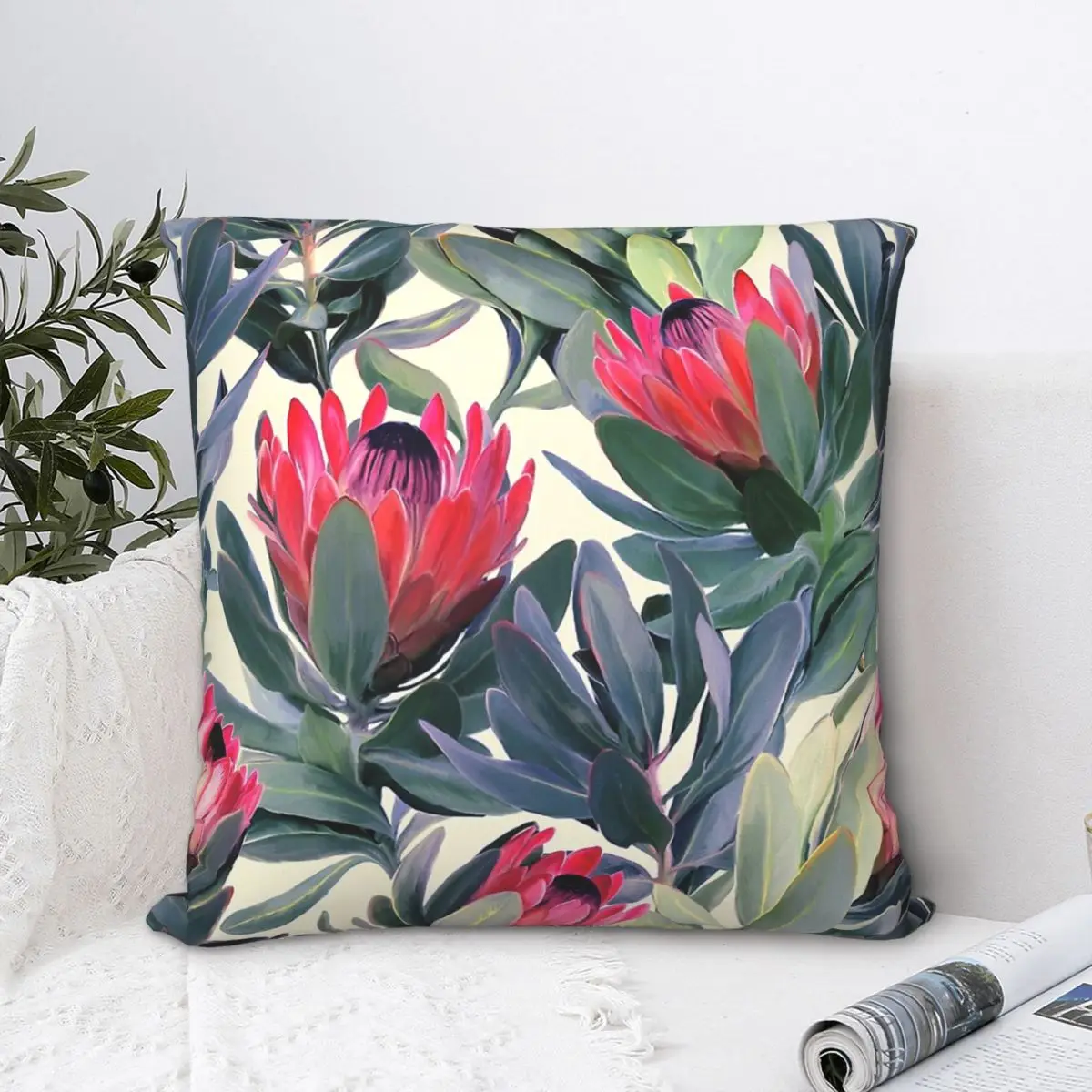 

Painted Protea Pattern Polyester Cushion Cover Vintage Sofa Chair Decorative Washable Cojines Decorativos
