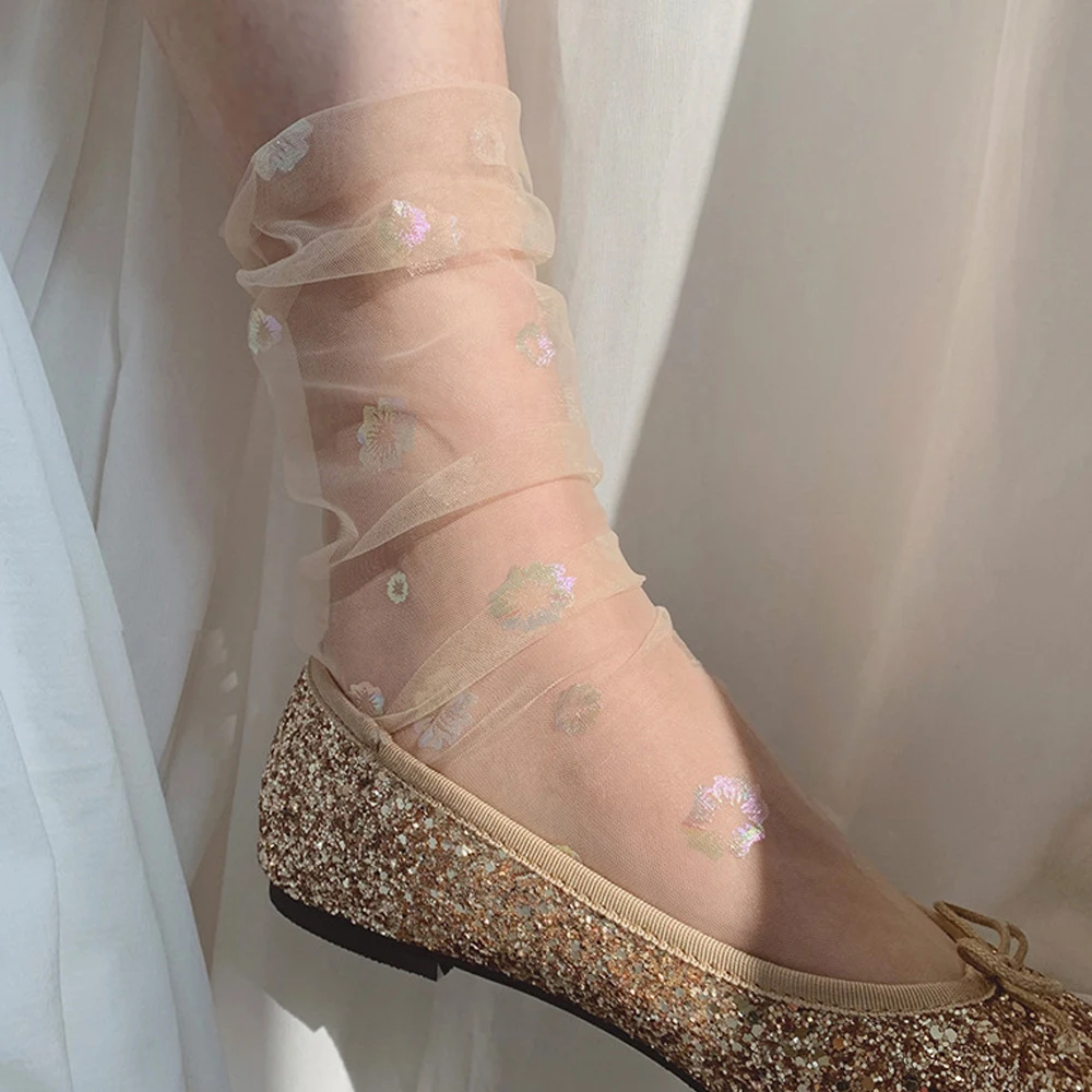 Женские Ультратонкие Тюлевые Носки С Цветочным Узором