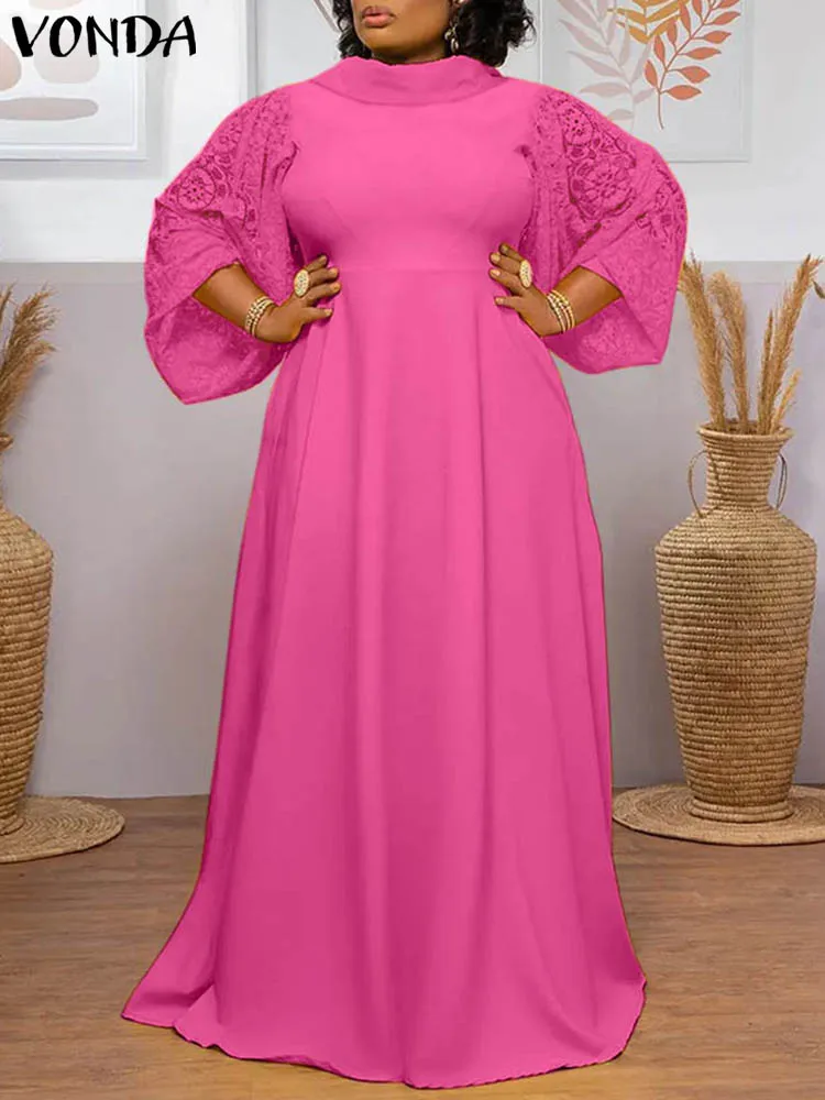 

Богемный кружевной сарафан с длинным рукавом 2023 VONDA, элегантные женские повседневные макси платья с воротником-стойкой, свободное женское платье большого размера