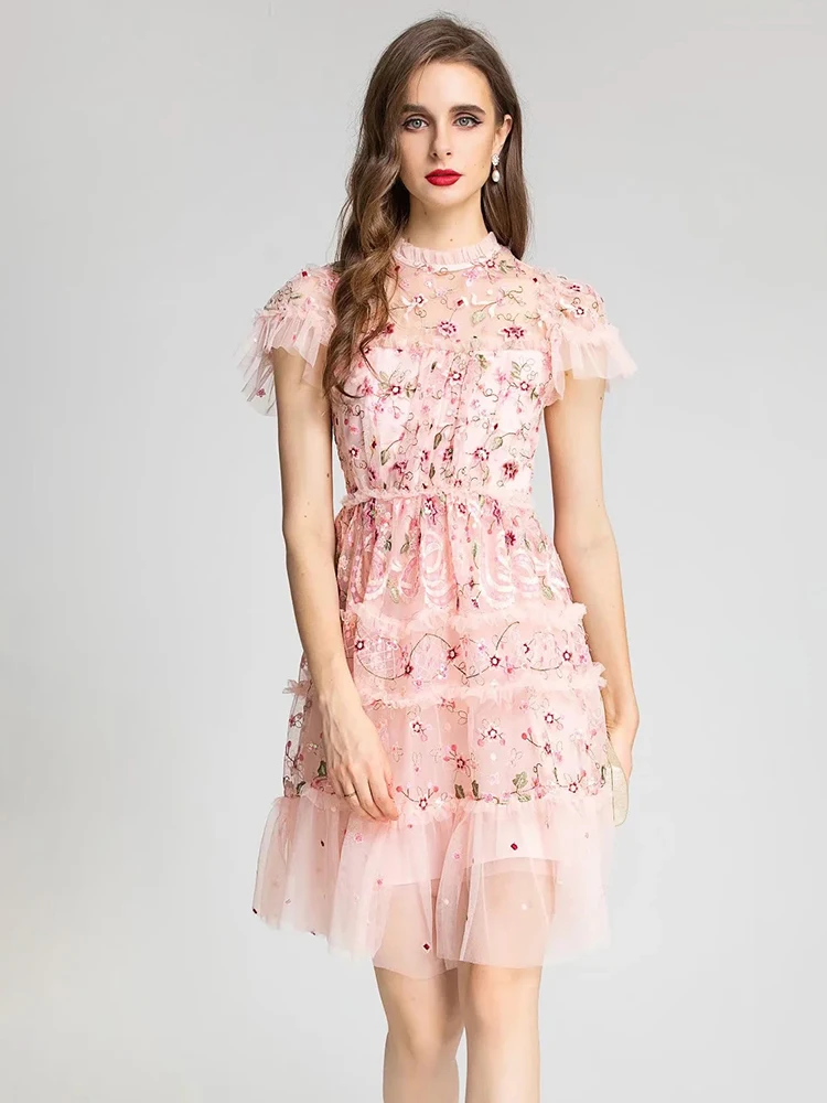 Svoryxiu Summer Runway Designer Vintage Mesh Yarn Embroidery Mini Dress Women O-Neck Flare Sleeve Loose waist Slim Party Dress