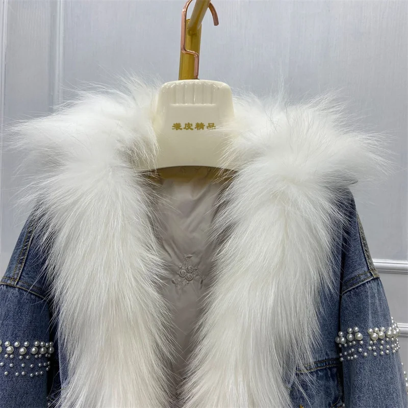 High-Quality Heavy Industry Beaded Coat 2022 New Female Winter Detachable Liner White Raccoon Dog Fur Collar Denim Down Jacket