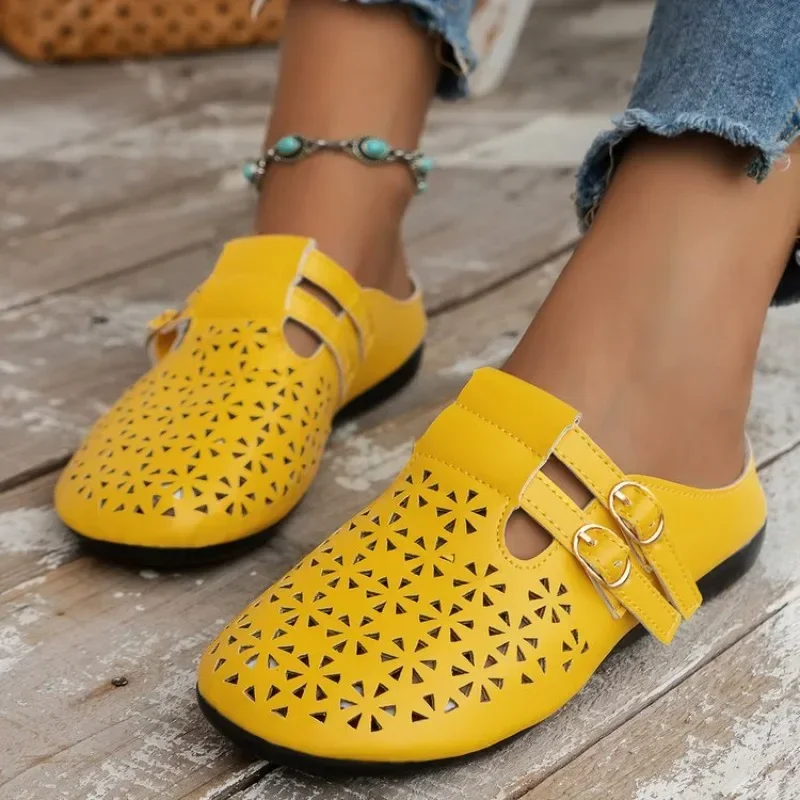 

2023 New Beach Women's Slippers Summer Flat with Slippers for Women Casual Comfortable Slides Buckle Mesh Female Shoes Big Size