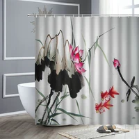 chinese feng ink style shower curtain summer pond pink lotus landscape waterproof polyester bath curtains bathroom with hooks