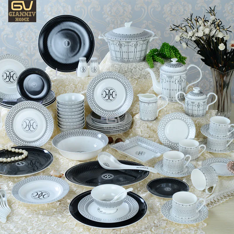 

European luxury 69 head ceramic Western tableware bone china tableware set plate bowl spoon coffee set
