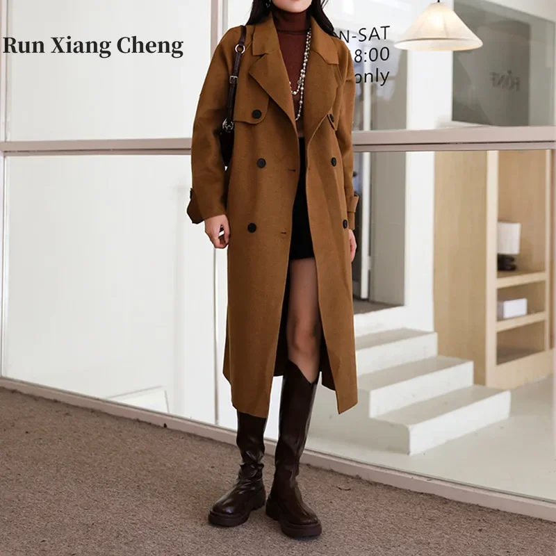 

Runxiangcheng 2023 осень/зима новое шерстяное плетеное Женское пальто средней длины Премиум корейское Двустороннее пальто Бесплатная доставка