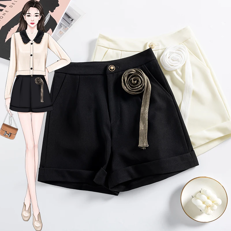 

High quality shorts women luxury three-dimensional flower shorts wide leg pants women's autumn and winter shorts elegant short