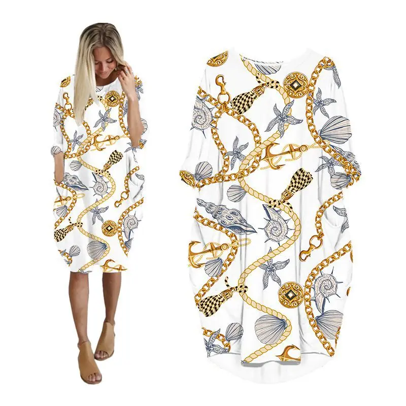 

dresses women floral chain print plus size long sleeve fashion vintage woman clothes streetwear ladies clothing female dress