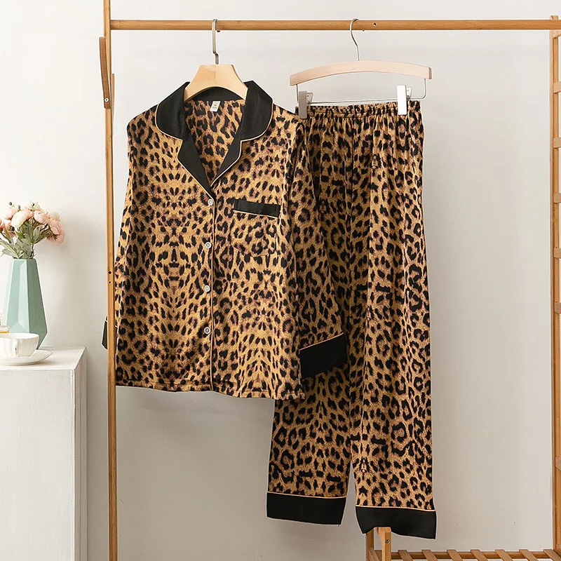 

Casual Sleepwear 2PCS Shirt&Pants Pajamas Set Lounge Wear Women Satin Leopard Pyjamas Home Clothes Soft Intimate Lingerie