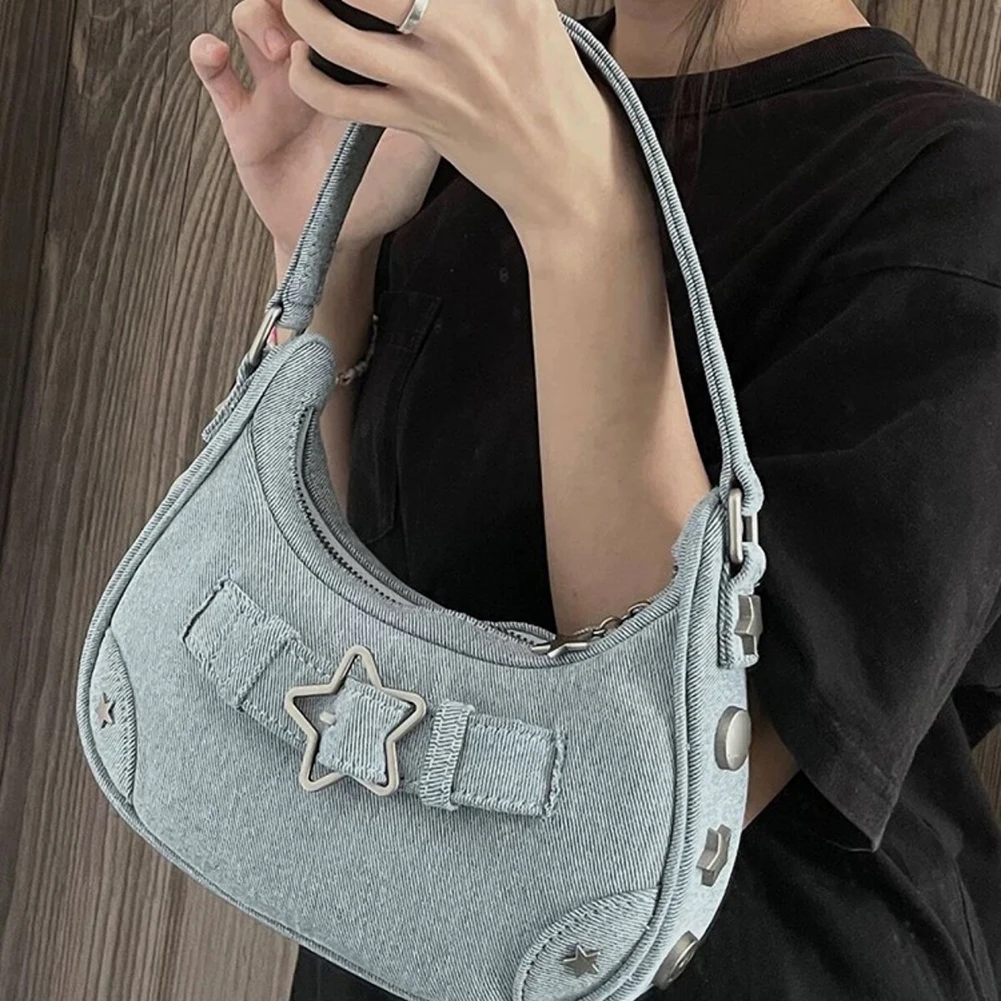 

Underarm Bag Women Vintage Y2K Shoulder Handbag Star Decor Solid Color Fashion Gift for Girls Ladies Purse Tote Bag