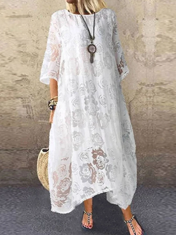 

Women Summer Lace Hollow Long Dress Female Half Sleeve Tennis Floral Embroidery Print Maxi Dress Casual Loose Solid Party Dress