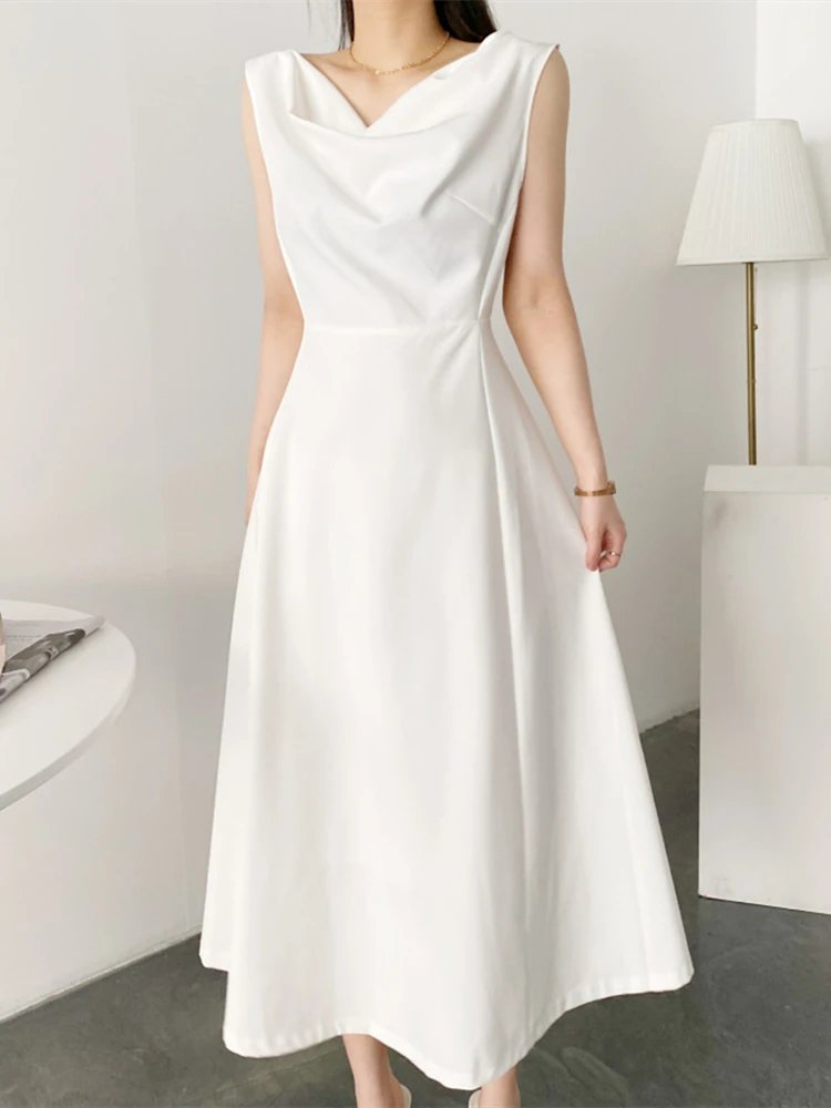 

Women Elegant V-neck A-line Dress Spring Summer Sleeveless Slim Waist Female Solid Dress Ladies Midi Vestidos