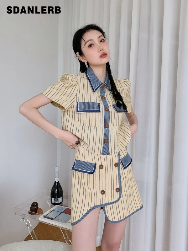 

Women's Summer 2022 New Fashion Two-Piece Set French Style Vintage Stripe Shirt Contrast Color Top Irregular High Waist Skirt
