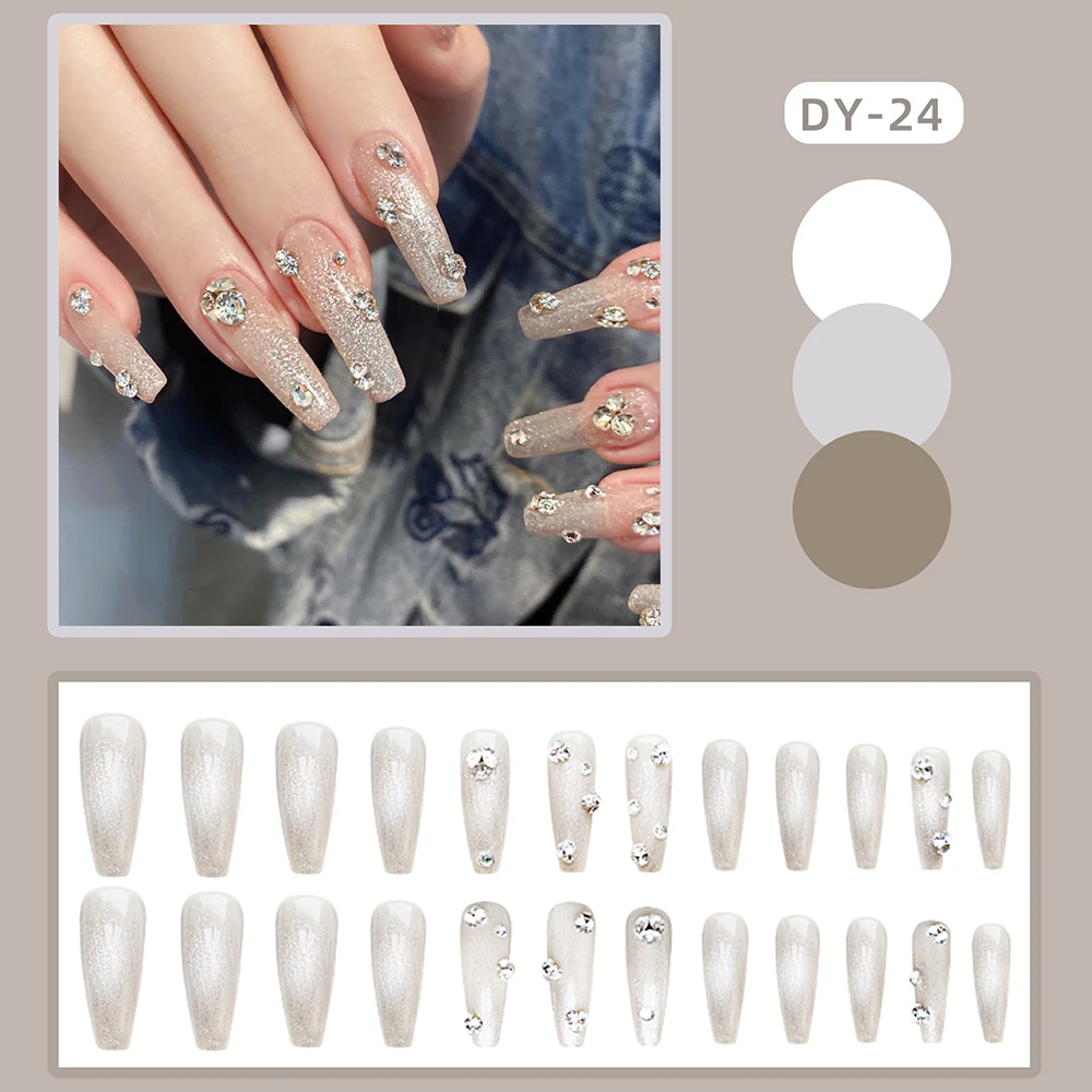 

24PCS Long False Nails Silver Rhinestone Fingernail Sticker Reusable Manicure Easy to Wear Press on Nails For Women Girls MH88