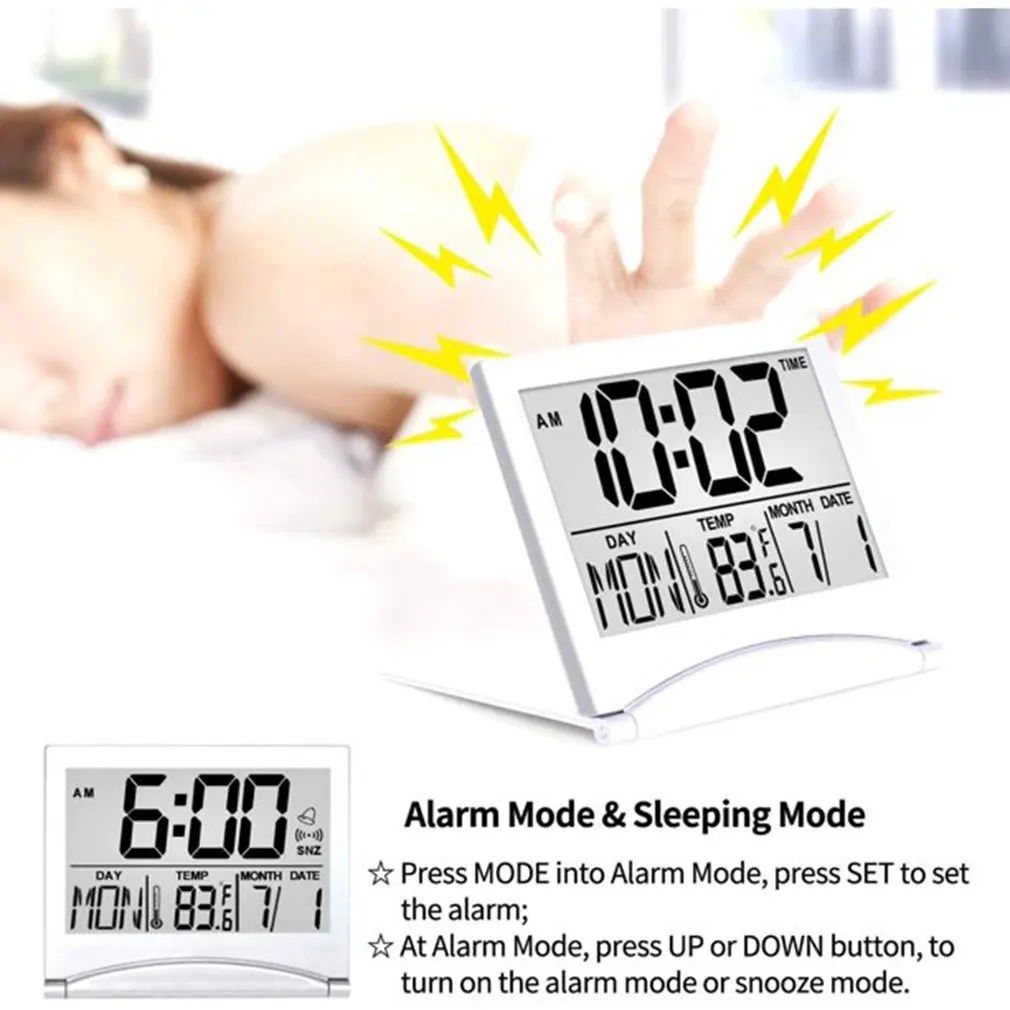 Hot LED Digital Alarm Clock Foldable LCD Travel Clock With Calendar Temperature Snooze Large Display Desk Clock Fast Delivery
