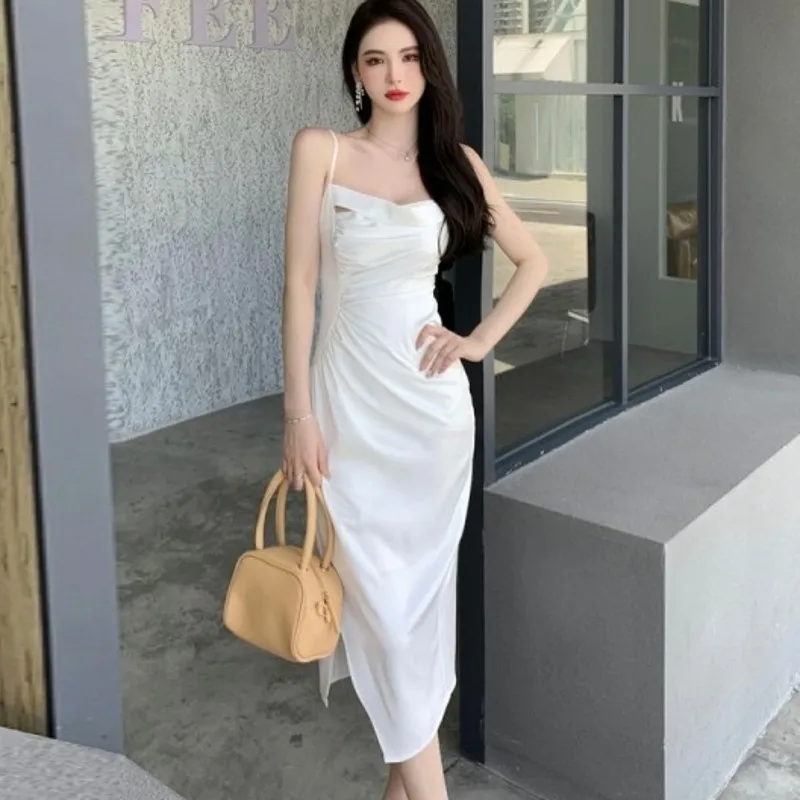 

Женское платье-карандаш на бретелях, белое элегантное Привлекательное платье с разрезом, в Корейском стиле, лето 2022