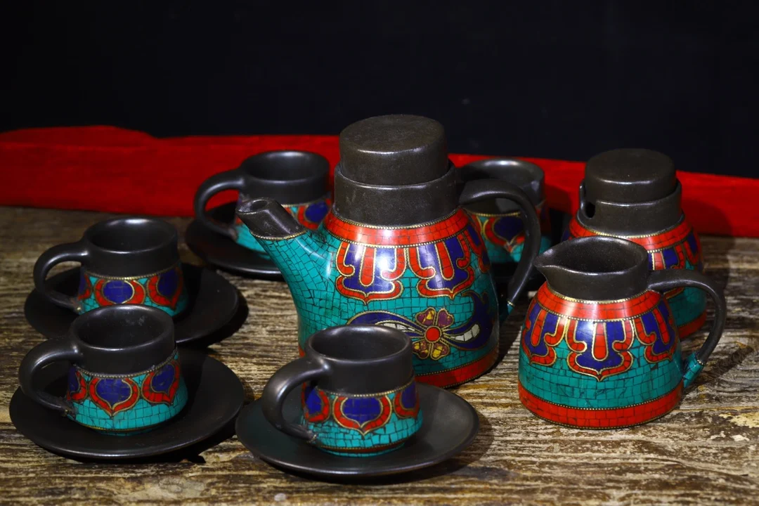 

6"Tibetan Temple Collection purple sand Mosaic Gem Turquoise coral tea set set cup teapot hidden pot Town house