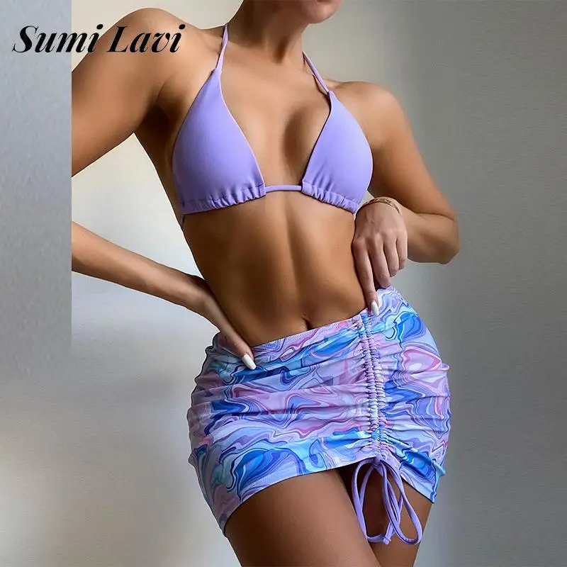 

Женский купальник-бикини с чашками пуш-ап, топ с лямкой на шее, стринги и юбка, привлекательный купальник из 3 предметов, пляжная одежда с отк...