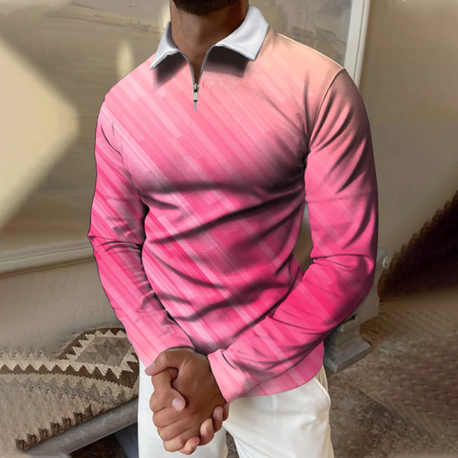 

White Cotton Long Sleeve T Shirt Men Casual Autumn Winter Long Sleeve Turndown Neck Shirt Printed Tee Shirt Top Exercise Apparel