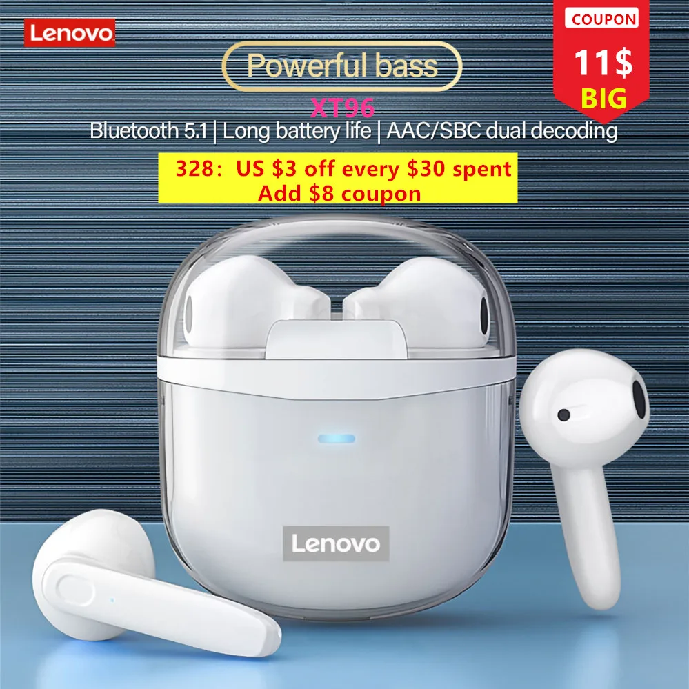  Беспроводные наушники Lenovo XT96, Bluetooth 5,1, Hi-Fi стерео TWS, сенсорное управление, HD вызов, Спортивная игровая гарнитура с микрофоном