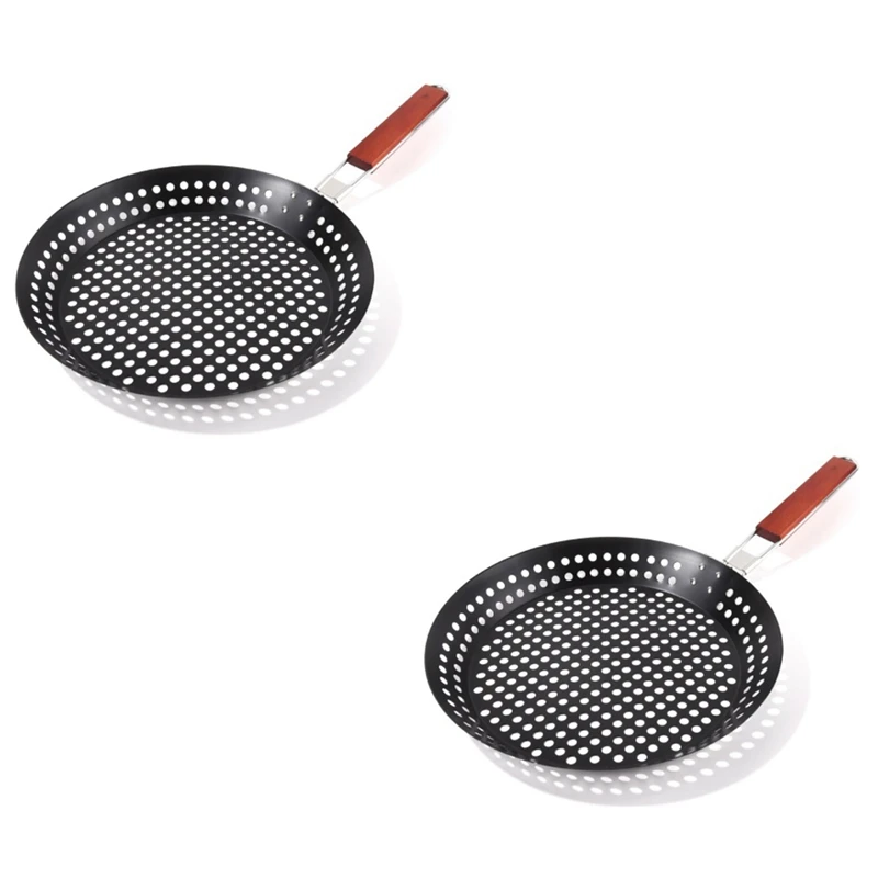 

2 Pack Grill Skillet With Foldable Wooden Handle, Non-Stick Perforated Pan Pizza Grill Pan For Chapati Seafood