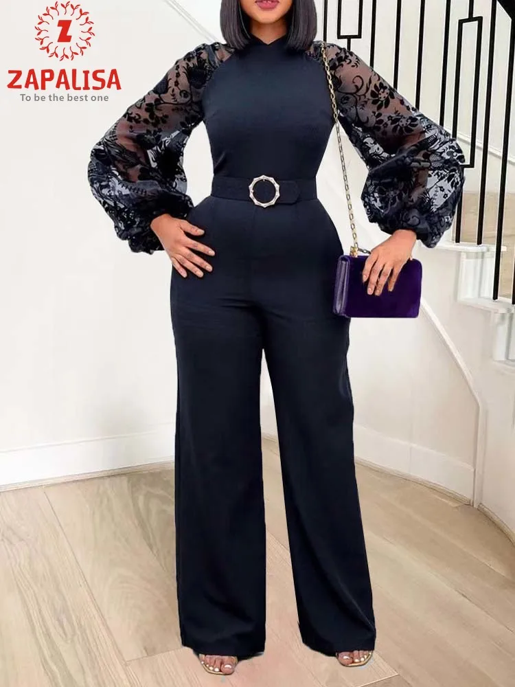 

England Style Summer Solid Color Jumpsuits for Women Lace Belt Bow Decor O-Neck Lantern Sleeve High Waist Slim Wide Leg Pants