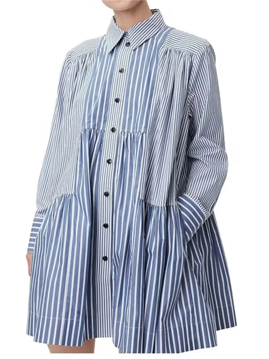 

Женское платье-рубашка в полоску, повседневное хлопковое свободное платье составного кроя с длинным рукавом, универсальная одежда, весна-лето 2023
