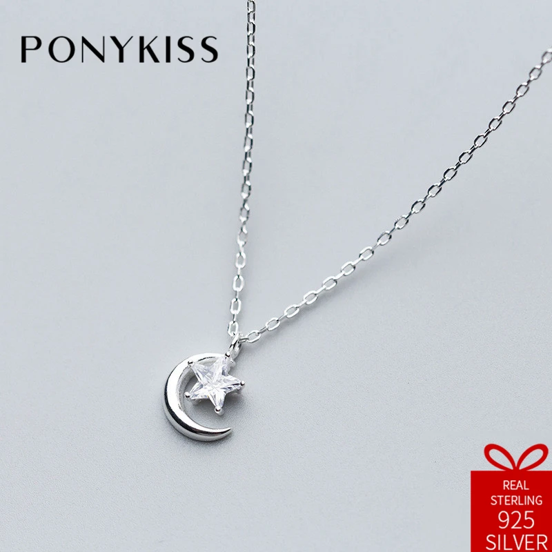 

PONYKISS Romantic 100% 925 Solid Sterling Silver Zircon Moon Star Pendant Necklace Chain Women Fine Jewelry Anniversary Party