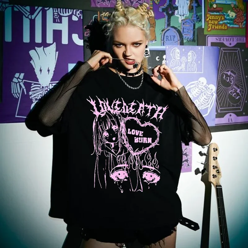 

Harajuku Aesthetic T Shirt Gothic Punk Cartoon Short Sleeve O-Neck Tops Women Summer Loose Oversized T-shirt Street Clothes